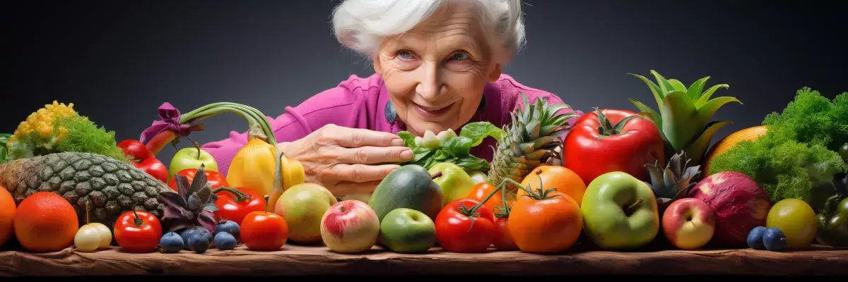 Senior woman smiling behind a colorful assortment of antioxidant-rich fruits and vegetables, including tomatoes, apples, berries, and leafy greens, representing a healthy diet for longevity and wellness.