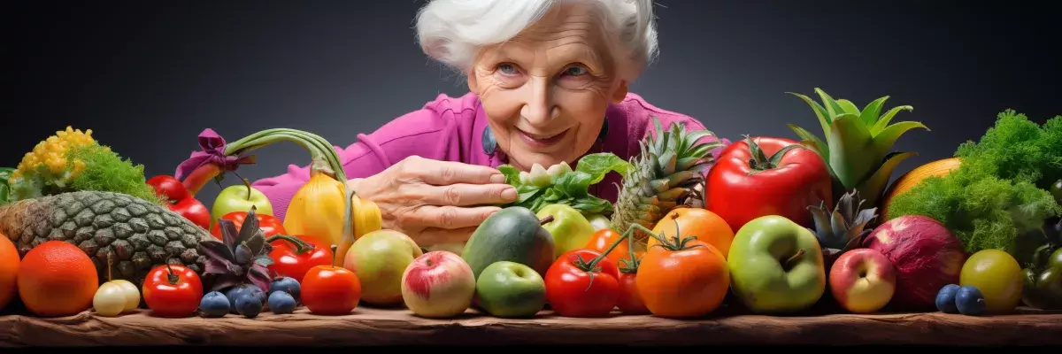 vrouw glimlachend achter een kleurrijk assortiment fruit en groenten die rijk zijn aan antioxidanten, waaronder tomaten, appels, bessen en bladgroenten, die een gezond dieet vertegenwoordigen voor een lang leven en welzijn.